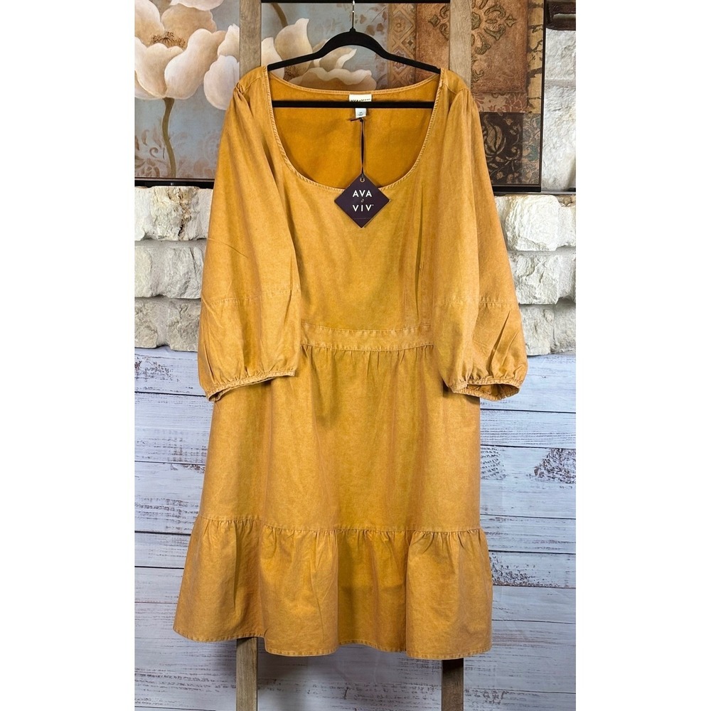 Ava & Viv Golden Mustard Cotton Tiered Midi Dress Plus Size 4X Pockets NWT